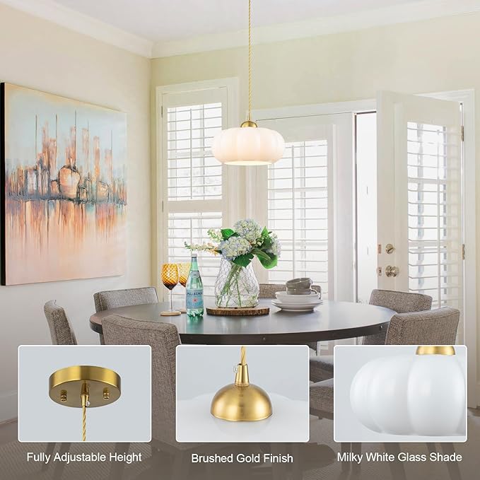 9.84" Mid-Century Modern Pendant Lights Kitchen Island,1-Light Brushed Gold Kitchen Light Fixtures with Opal Milky White Glass Shade,Dimmable Mini Hanging Light fixture for Bedroom,Hallway,Entryway