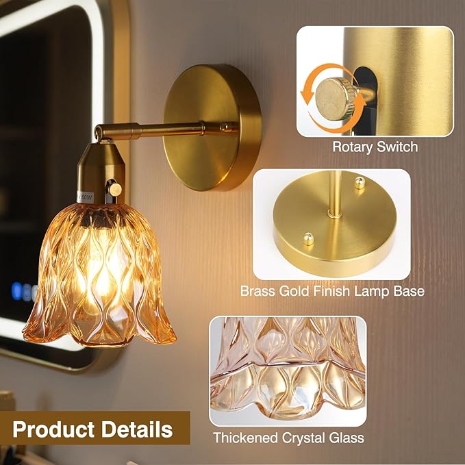 Vintage Wall Sconces - Hardwired Wall Lights with Amber Tulip Glass Shade,Brass Wall Lamps for Bathroom Bedroom Stairway Bathroom Living Room Corridor(Bulbs Not Included,E26 Socket)