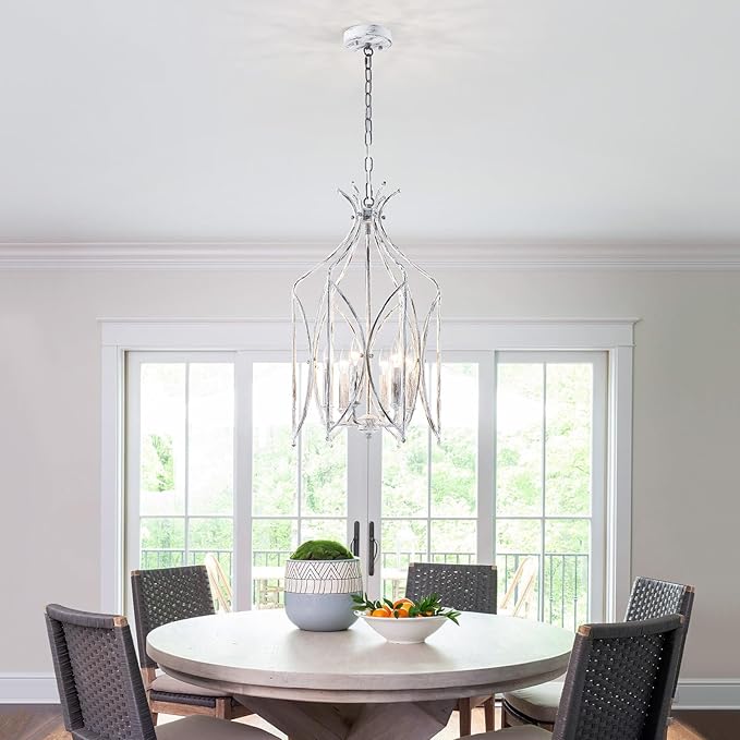 WUZUPS Lantern Pendant Chandelier Rustic Metal Cage Light Modern Lighting Fixture for Kitchen Diningroom Bathroom Livingroom, H 25.4" x W 14.2", E12 Base, Anqitue Whiute