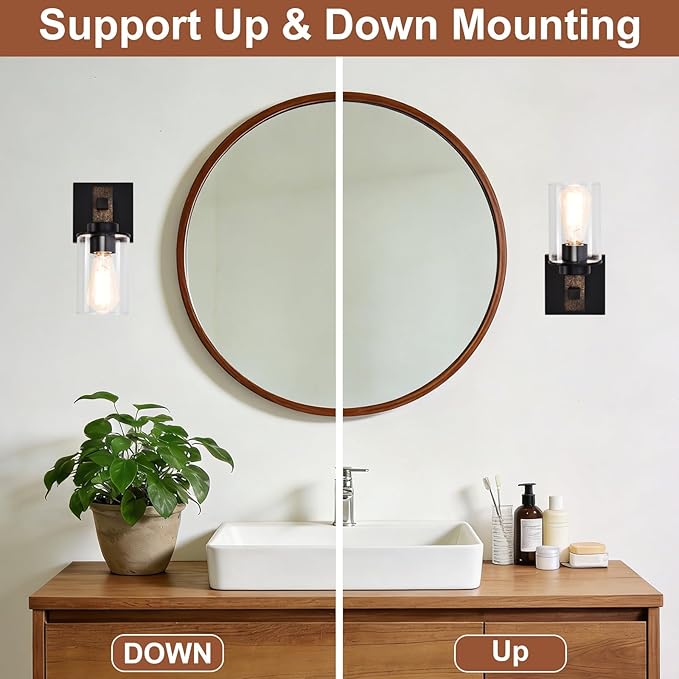 Rustic Wall Sconces,Hardwired 1-Light Brown Wood Farmhouse Sconce with Clear Glass Cylinder Shade,Matte Black Metal Wall Light,E26 Indoor Bathroom Vanity Fixture for Mirror,Bedroom,Hallway