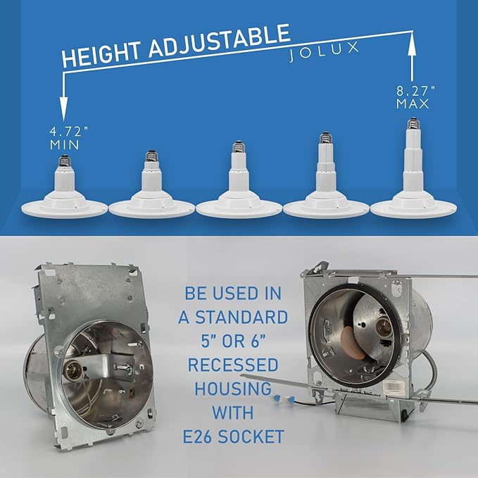 Jolux Adjustable Recessed Lighting Retrofit Kit for 5/6 Inch Can Lights - 6 Pack LED Downlight with Telescoping Rod,2700K Soft White, 800LM, Dimmable, Screw-in Install, ETL Damp Rated, Flat Trim
