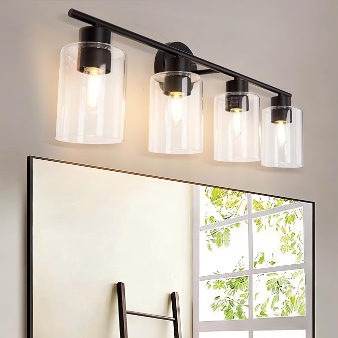 4-Light Bathroom Light Fixtures, Vanity Light with Clear Glass Shades, Matte Black Bathroom Light Fixtures Over Mirror, Modern Bathroom Wall Lamp for Mirror Living Room Cabinet Bedroom Wall Sconces