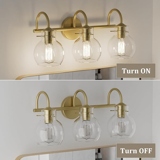 Gold Vanity Light, 3 Light Bathroom Light Fixtures, Modern Bathroom Vanity Lights Fixtures Over Mirror with Clear Globe Glass Shade, Gold Wall Sconces for Bathroom Hallway, E26 Base