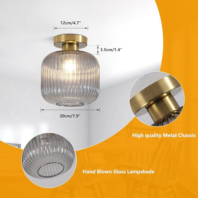 BOKT Modern Ceiling Mount Light Smoke Grey Glass Kitchen Hallway Light Fixtures 1-Light Mini Nordic Minimalism Close to Ceiling Lamp for Kitchen Hallway