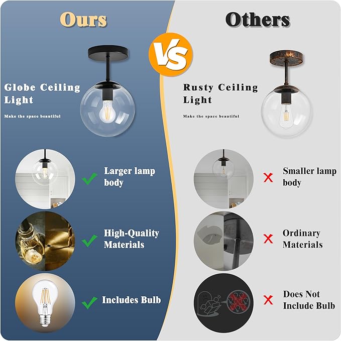 8" Black Semi Flush Mount Ceiling Light Fixture Clear Glass Globe Ceiling Light Fixture Hallway Light Fixture Mid Century Ceiling Light Matte Black Finish for Entryway Foyer Kitchen(Bulb Incl.)