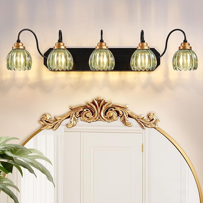 Vintage Bathroom Vanity Light, 5 Light Bathroom Lighting Fixtures Over Mirror, Mid Century Style Farmhouse Light Fixtures with Green Glass Shades, Black Finish Wall Mount for Bedroom , Living Room