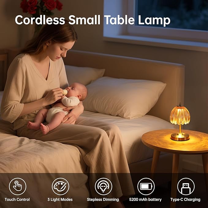Shenmoyl Set of 2 Tulip Table Lamp with 5200mAh Battery & Touch Control, Cordless Small Table Lamp with 3 Colors, Rechargeable Battery Operated Table Lamps for Nightstand, Bedroom (Amber Tulip)