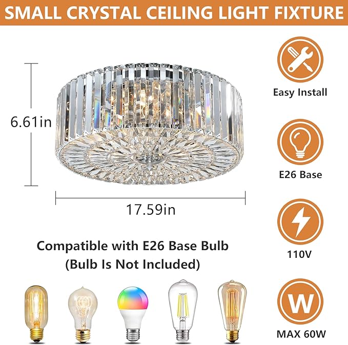 17.5" Large Crystal Ceiling Light, 4-Lights Flush Mount Crystal Ceiling Light, Chrome Ceiling Lamp Modern Chandelier for Bedroom, Dining Room,Living Room, XDD007-4-CH