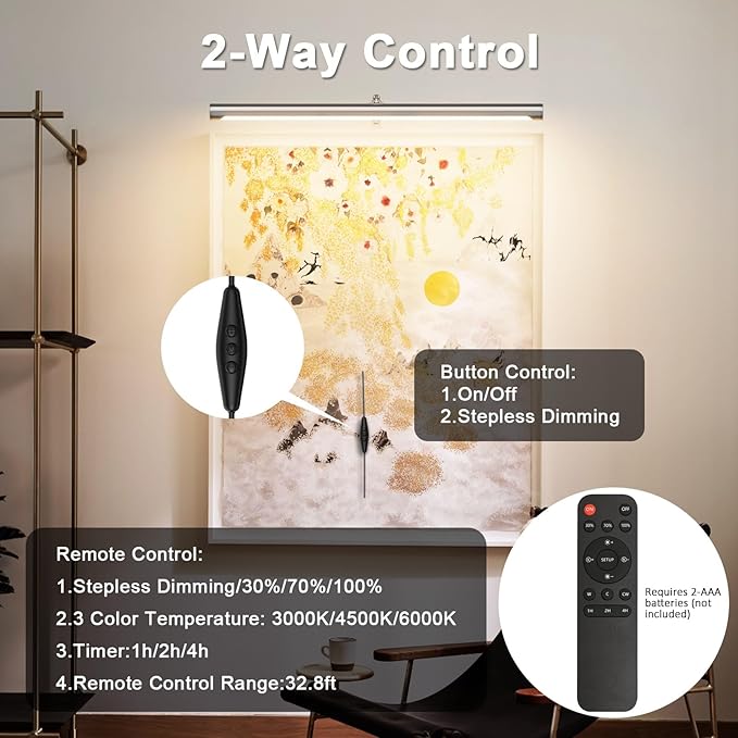 9W Picture Light Plug in, 24" Adjustable LED Art Light with Remote Control, Dimmable Wall Light for Picture Display Dartboard Art Work (Nickel)