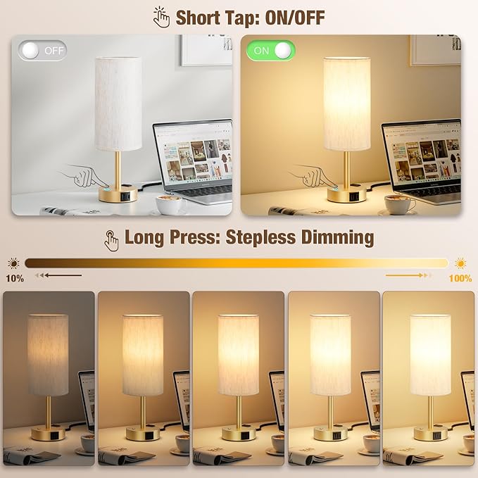 Touch Bedside Table Lamp with Memory - Stepless Dimmable Lamp for Bedroom, Small Nightstand Lamp with Dual USB Charging Ports and AC Outlet, Wood Night Light, Deak Lamp for Nursery (Cream & Gold)