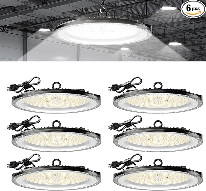 Amico 6 Pack UFO LED High Bay Light 200W 28,000lm 5000K with UL Listed US Hook 5' Cable Alternative to 650W MH/HPS for Gym Factory Barn Warehouse Lighting Fixture