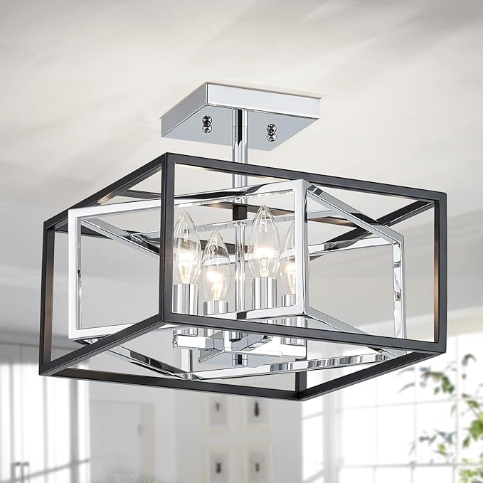 AGV LIGHTING CL055C Modern Semi-Flushmount Ceiling Light Fixture, Square Ceiling Light, E12 Base 4-Lights, L12 x W12 x H10, Matte Black & Chrome Finish