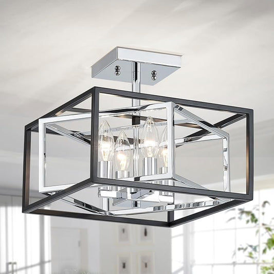 AGV LIGHTING CL055C Modern Semi-Flushmount Ceiling Light Fixture, Square Ceiling Light, E12 Base 4-Lights, L12 x W12 x H10, Matte Black & Chrome Finish