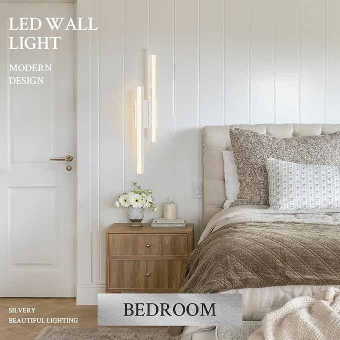 LED Wall Sconce Silver Modern Remote Wall Light Fixtures for Living Room, Dimmable LED Vanity Light Indoor Remote Wall Sconce for Bedside Bedroom Bathroom Dining Room, 23.6inch 1 Pack