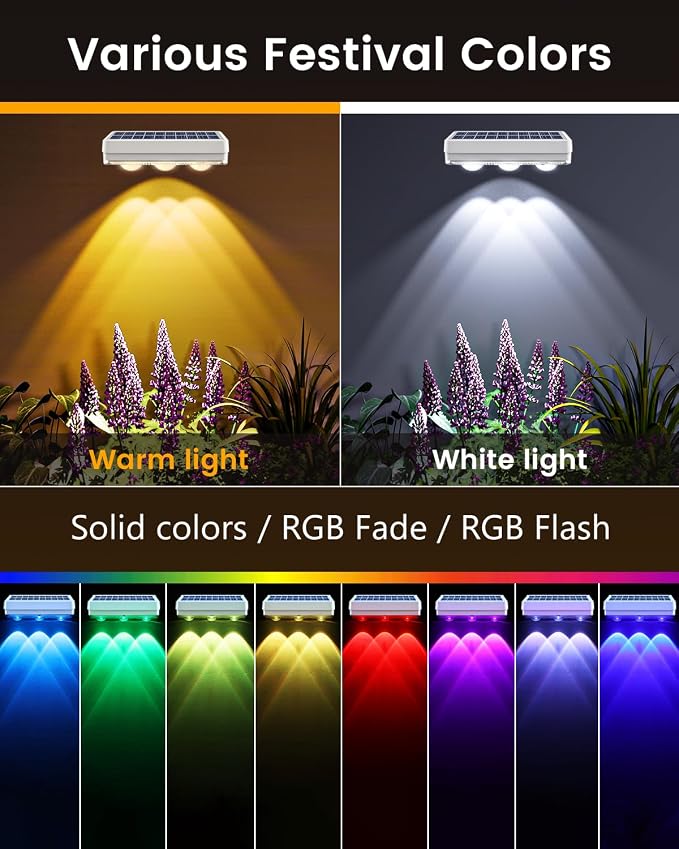 JOFIOS Solar Fence Lights Outdoor Waterproof Led, 1300mAh,16pack,6 inch Solar Lights for Fence with Warm White & RGB 8 Colors,Outdoor Solar Lights for Patio, Backyard, Deck, Railing (White)