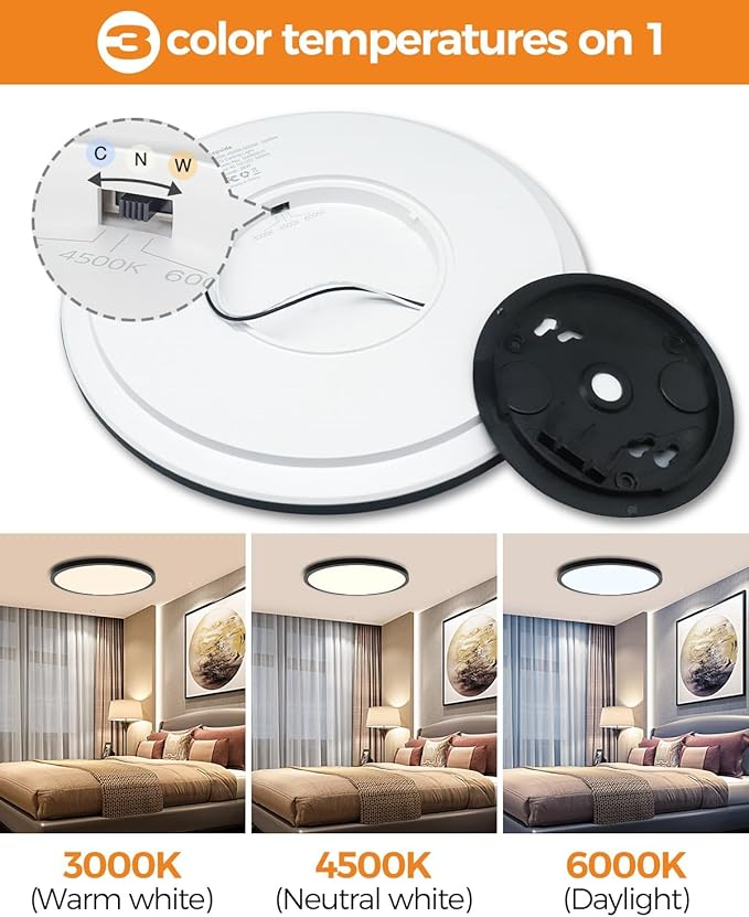 slochi 6PACK LED Black Flush Mount Ceiling Light Fixture, 12Inch 28W Ceiling Light, Dimmable & 3000K/4500K/6000K 3 Color Adjustable Round Ceiling Lights 3200LM for Kitchen Bedroom
