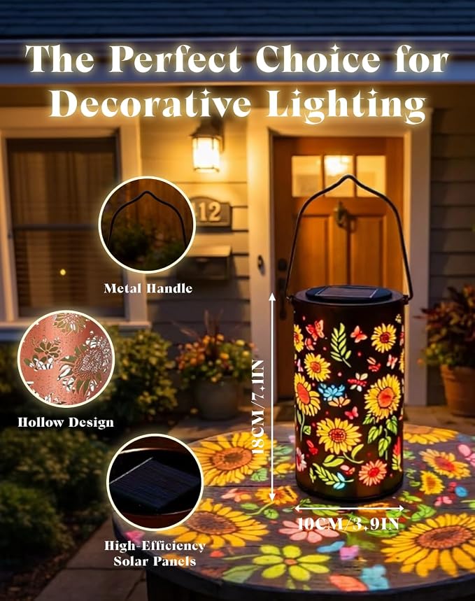Colorful Sunflower Glow Solar Garden Lantern - Outdoor Waterproof Decorative Hanging Solar Lights, Metal Solar Powered Garden Decor for Patio, Yard, Gifts (Sunflower)