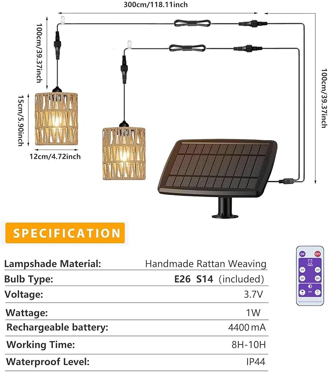 Outdoor Solar Chandelier Indoor Gazebo Lights Waterproof Pendant Hanging Light for Pergola Porch Patio Decor Boho Rattan Lampshade Farmhouse Shed USB Powered Accessories Dimmable Remote