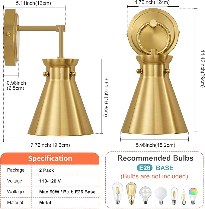 Gold Wall Sconces for Bathroom, Modern Vanity Light Fixtures, Wall Mount Lighting Farmhouse Wall Lights with 6 Inch Metal Lampshade for Bedroom Living Room Mirror Kitchen (Gold Metal, 2 Pack)