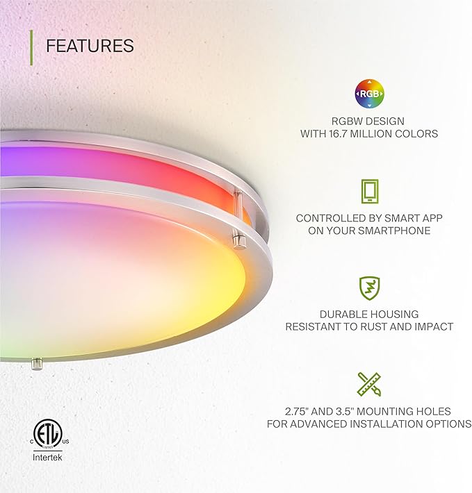 ASD LED 18" Round Flush Mount Lighting, Close to Ceiling Light Fixture | Smart, Multicolor, Dimmable, ETL Listed | 28W 1844LM RGB-2700-6500K 120V | Low Profile Double Ring Lamp | Nickel, 2 Pack