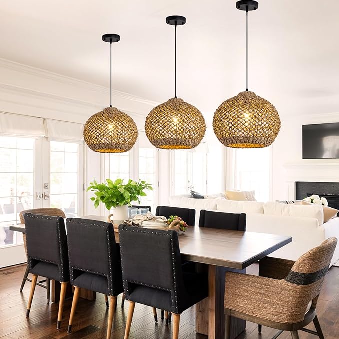 Farmhouse Rattan Pendant Lights 13.8" Wicker Hand-Woven Chandelier Rustic Round Seagrass Hanging Light Fixture for Kitchen Island Bedroom Hallway Entry Living Room Dining Coffee Bar