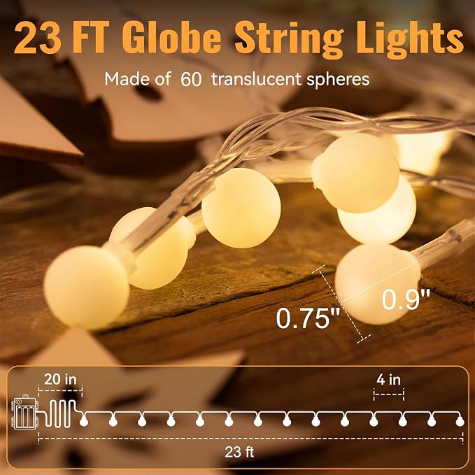 WERTIOO Globe String Lights Battery Operated – 23ft 60 LED Globe Lights with Remote, 8 Modes & Timer – Warm White String Lights for Bedroom, Christmas Tree, Garden, Tent, Camping, Indoor & Outdoor