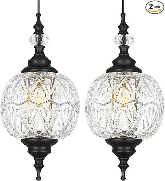 Pendant Lights Kitchen Island 2 Pack, Black Vintage Pendant Light with Detachable Glass Shade, Adjustable Hanging Light for Kitchen Island Lighting, Bathroom, Farmhouse, G9 Base (Bulbs Not Included)