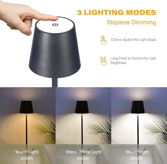 CHLORANTHUS 2 Pack Cordless Table Lamps, 3 Colors Stepless Dimming, 5000mAh Rechargeable Battery LED Desk Lamp for Bedroom/Couple Dinner/Desk/Cafe/Dining Room/Terrace