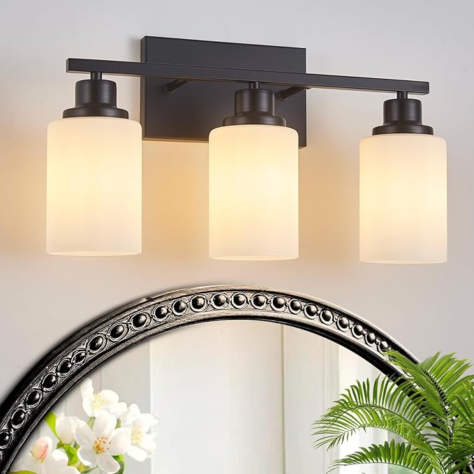 3-Light Black Bathroom Light Fixture Over Mirror,Modern Farmhouse Vanity Light,Wall Sconces with Milky White Glass Shade for Bathroom,Bedroom, Living Room,Staircase,Hallway E26