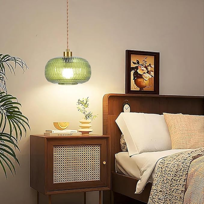 QIYIZM Plug in Pendant Light Glass Hanging Lights with Plug in Cord Boho Hanging Lamp Gold Mid Century Modern Vintage Dimmable Green Flower Plug in Chandelier Ceiling Fixture for Living Room,Kitchen