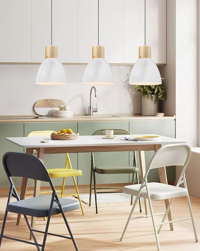 ELYONA 10.2” Hammered Pendant Light Fixtures, Metal & Rubber Wood Island Hanging Lamp, Adjustable Height, Modern Pendant Lighting for Kitchen,Farmhouse Bar,Dining Room,Bedroom, Nordic White
