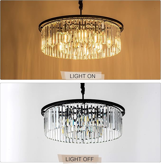 23" Black Crystal Chandelier 8-Light Modern Crystal Pendant Ceiling Light Fixture 2 Rings Luxury Chandeliers,for Dining Room Kitchen Island Living Room Bedroo