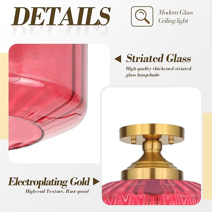 11.8in Semi Flush Mount Ceiling Light Fixture, Vintage Striated Glass Kitchen Lighting Fixtures Ceiling Mount for Entryway Hallway Bedroom Dining Room Bathroom Foyer Laundry (Purple)