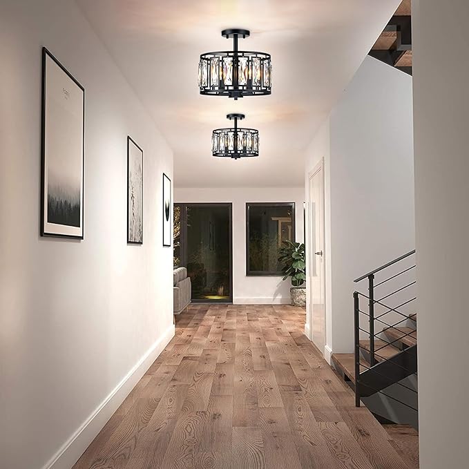 Modern Crystal Semi Flush Mount Ceiling Light Black Close to Ceiling Light Fixtures,3-Light Ceiling Light for Dining Room Bedroom Kitchen Island Hallway Entryway
