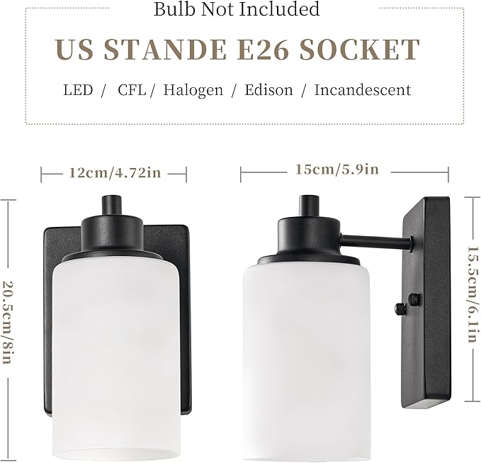 3-Pack Modern Wall Sconces, Indoor Bath Vanity Light Fixture Bathroom for Living Room, Porch, Bedside, Farmhouse Black Finish with White Frosted Glass Shades Wall Mounted Lights