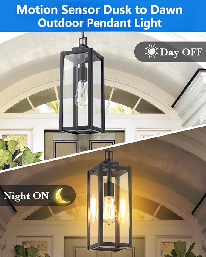15'' Large Motion Sensor Outdoor Pendant Lights, Dusk to Dawn Modern Outside Chandelier Outdoor Hanging Lantern with Clear Glass, Exterior Pendant Lighting Fixture for Porch, Yard, Black, 1Pack