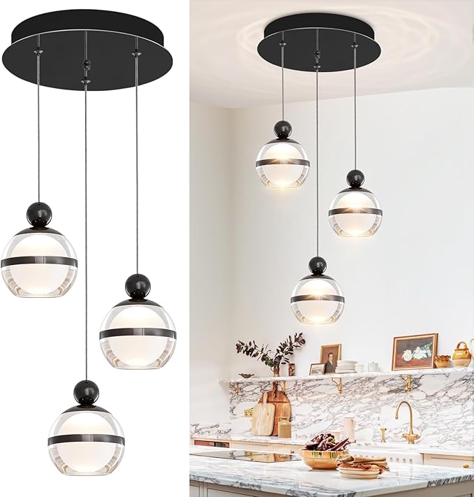 Black Pendant Lights 3-Light Globe Cluster Adjustable Hanging Ceiling Light Modern LED Dining Room Light Fixtures Over Table for Kitchen Island