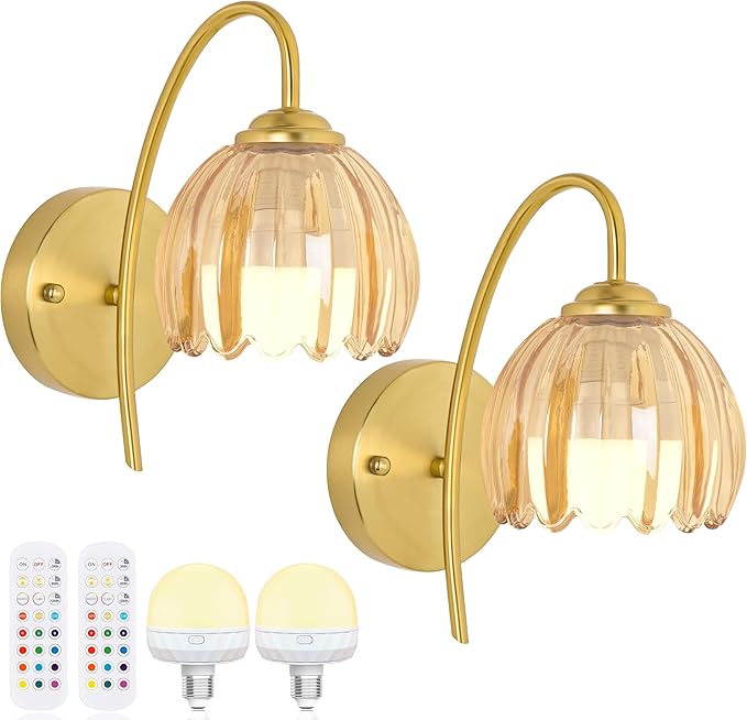 Vintage Battery Wall Sconce with Flower lampshade,Rechargeable Battery Powered Wall Lights,Wall lamp with 15 Colors for Bedroom Living Room Home Decor (Amber Tulip, 2 Light Battery Operated)