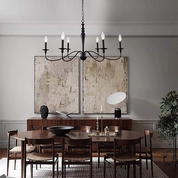 PAPAYA Farmhouse Chandelier 6-Light Black Industrial Classic Candle Ceiling Rustic Pendant Lights Fixture for Dining Living Room Bedroom Kitchen Island Hanging Lighting