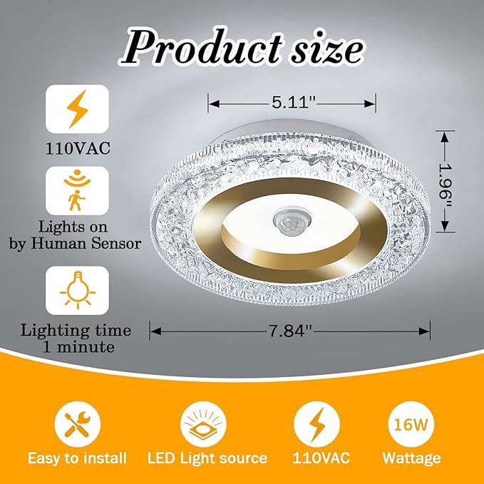 UOFUS 7.84inch Mini Motion Sensor LED Ceiling Light Indoor Wired Gold Flush Mount Light Fixture 6400K Motion Activated Light for Closet Hallway Laundry Stairs Shower Porch Garage Basement