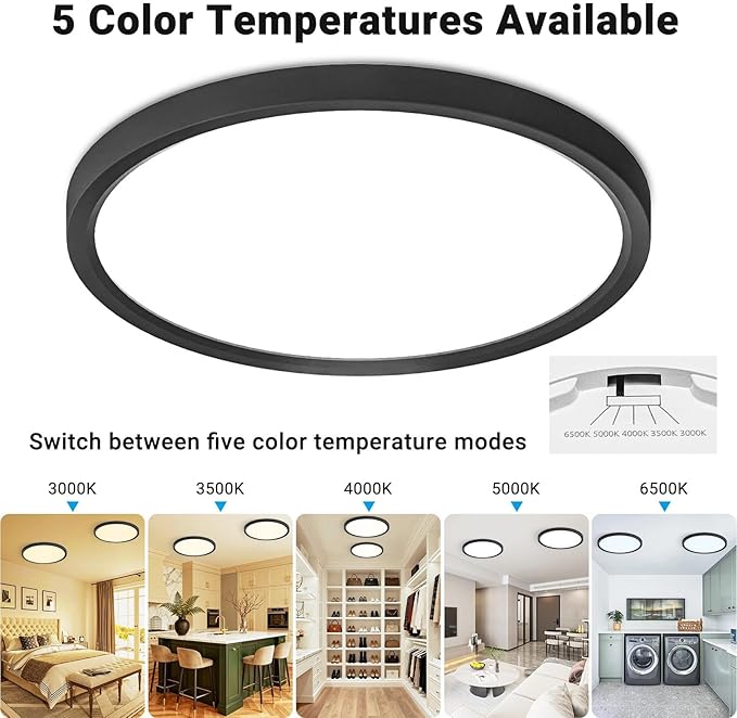 4 Pack LED Flush Mount Ceiling Light,9Inch 18W,3000K/3500K/4000K/5000K/6500K 5 Color Temperatures Ceiling Light Fixture for Kitchen Porch Hallway Bedroom Bathroom and Closet,Black