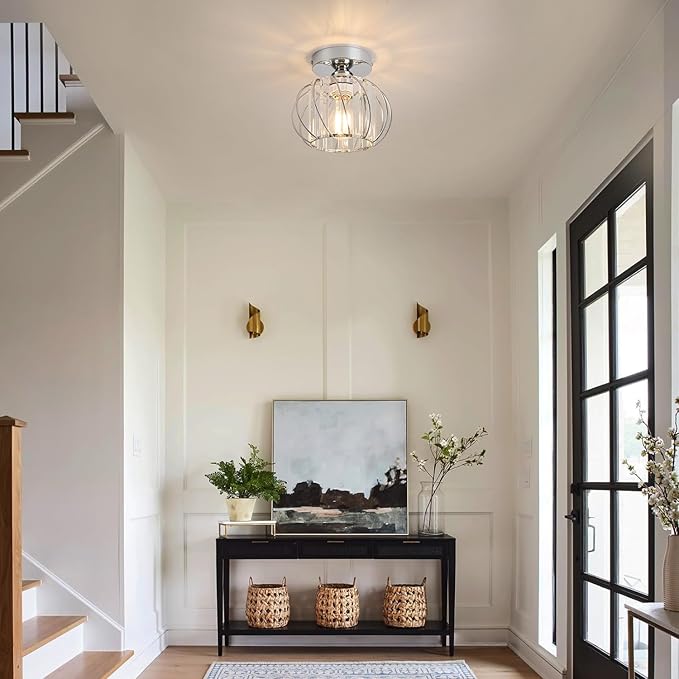 Semi Flush Mount Crystal Ceiling Light, Metal Cage Hallway Ceiling Lamps, Farmhouse Ceiling Light Fixture, Industrial Crystal Chandelier for Corridor Bathroom Kitchen (2, Chrome, 7.5 Inch)