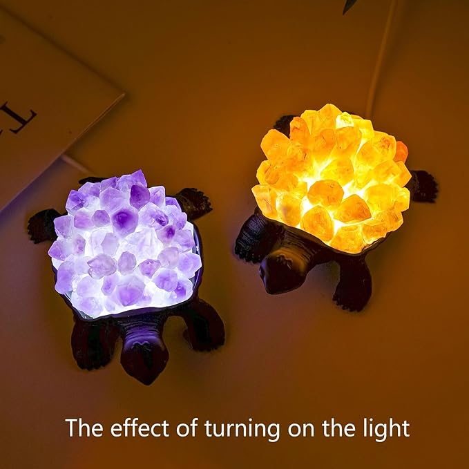Runyangshi Natural Amethyst Tooth Turtle Night Lamp Healing Crystal Bedroom Bedside Table Lamp USB Port Home Decor Women Men Gift