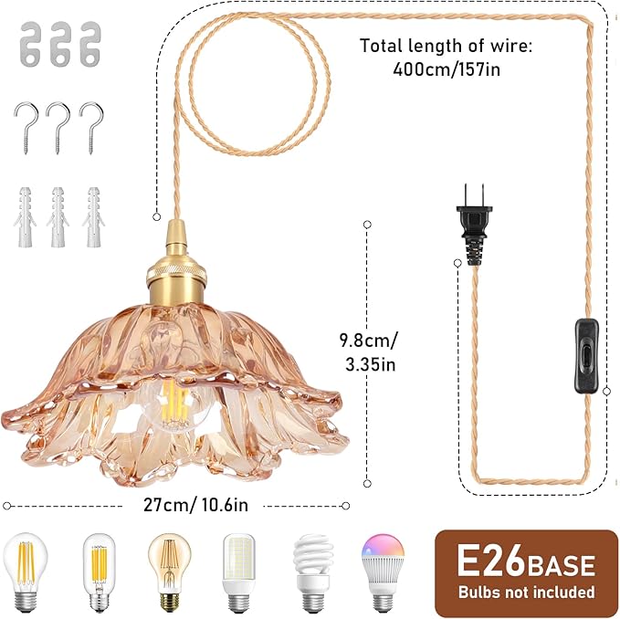 Plug in Pendant Light Fixtures,Hanging Light Fixture Amber Glass Pendant Light 10.6in E26 Pendant Lighting for Kitchen Island, Bedroom, Dining Room, Living Room