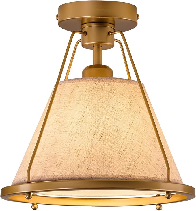 Gold Semi Flush Mount Ceiling Light Fixture with Fabric Shade Modern Bedroom Light Fixture Farmhose Close to Ceiling Light for Living Room Kitchen Hallway Entryway