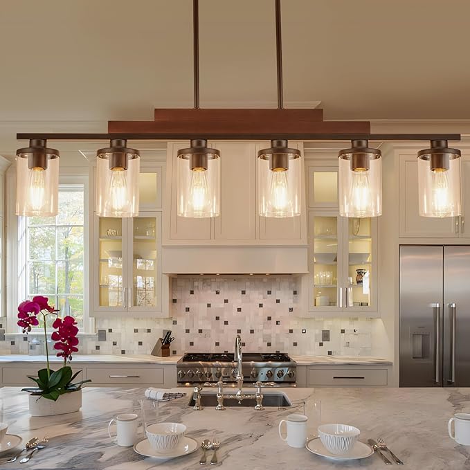 Farmhouse Chandelier 6-Light Dining Room Light Fixture Over Table Kitchen Island Lighting Rustic Chandeliers for Dining Light with Glass Shade Wood Pendant Lights Kitchen Island