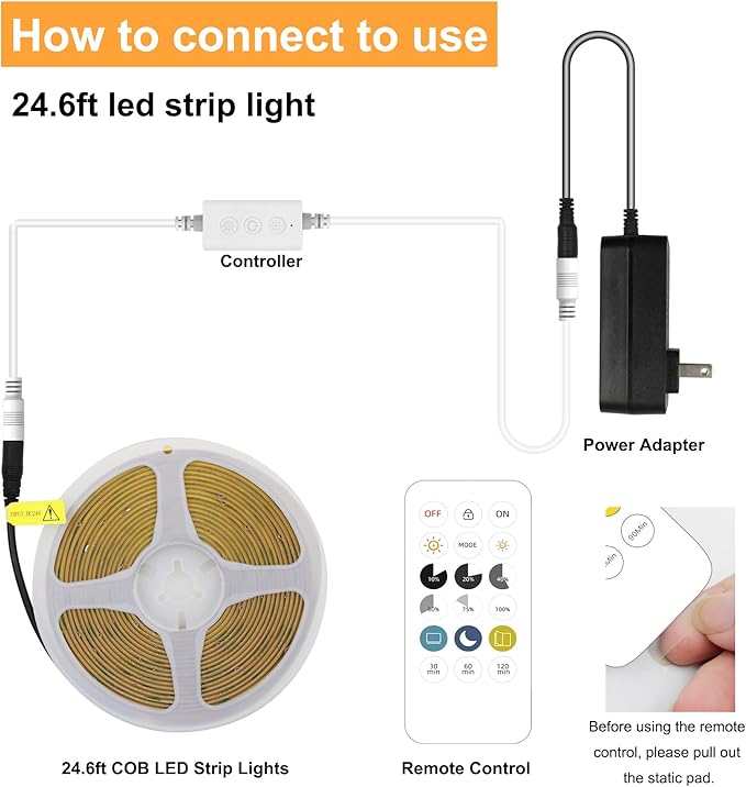 AXMOTUT COB LED Strip Light Warm White 24.6FT, High Bright LED Strips with 2400LEDs, RF Remote and UL Power Supply, 3000K Dimmable LED Lights for Bedroom, Kitchen, DIY Home Decoration