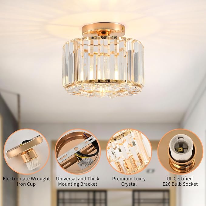 Crystal Ceiling Light, Semi Flush Mount Ceiling Light Gold Crystal Chandelier for Bedroom Kitchen Hallway Entrance Balcony Dining Rooms Living Rooms Bar