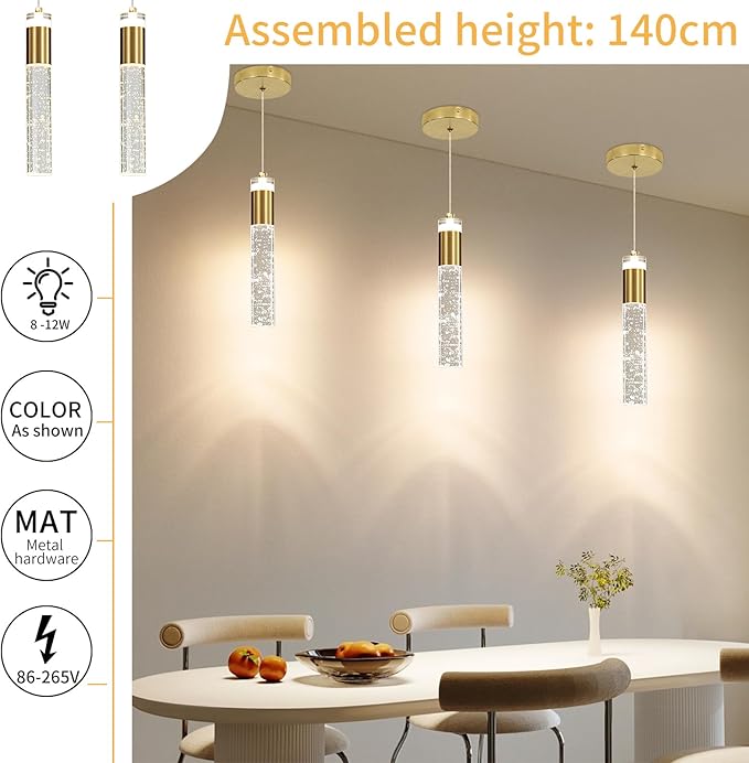 2 Pack Modern Kitchen Island Pendant Lights, Gold Bubble Crystal Ceiling Hanging Light, 3 Color 2700K/4500K/6500K, Mini Linear LED Chandelier Lighting for Dining Room, Bedroom, Bar, Hallway, Bedside