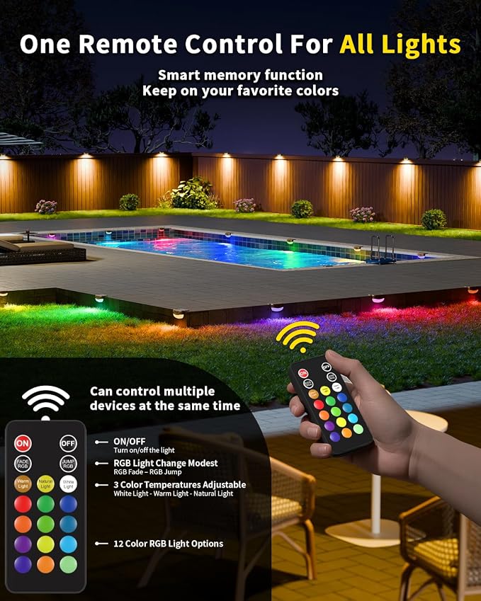 Solar Deck Lights Outdoor 16 Pack, 12 Color Changing Solar Powered Step Lighting with Remote, IP67 Waterproof Led RGB Colors Lamp for Outside Fence, Step, Stair Railing, Wall, Patio, Pool
